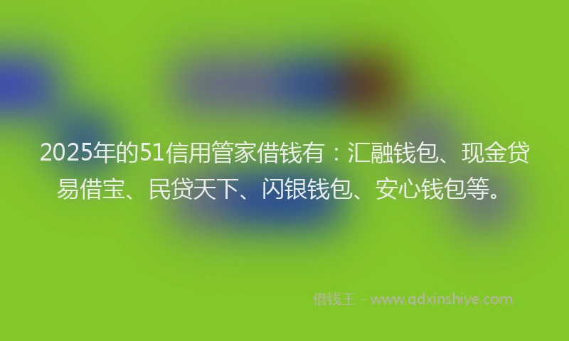 2025年的51信用管家借钱有：汇融钱包、现金贷易借宝、民贷天下、闪银钱包、安心钱包等。