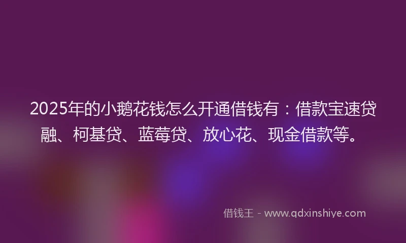 2025年的小鹅花钱怎么开通借钱有：借款宝速贷融、柯基贷、蓝莓贷、放心花、现金借款等。