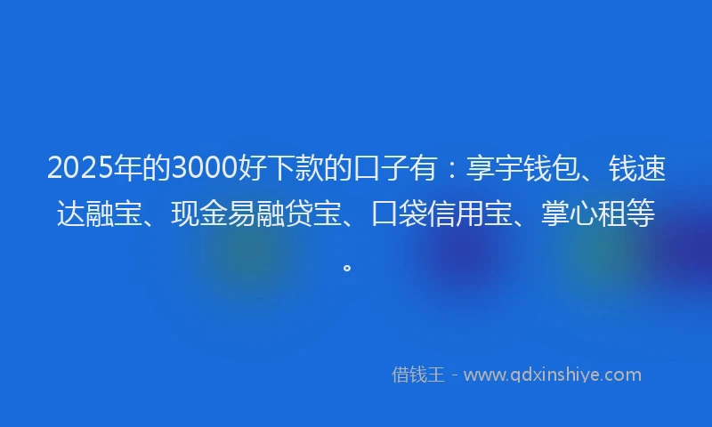 2025年的3000好下款的口子有：享宇钱包、钱速达融宝、现金易融贷宝、口袋信用宝、掌心租等。