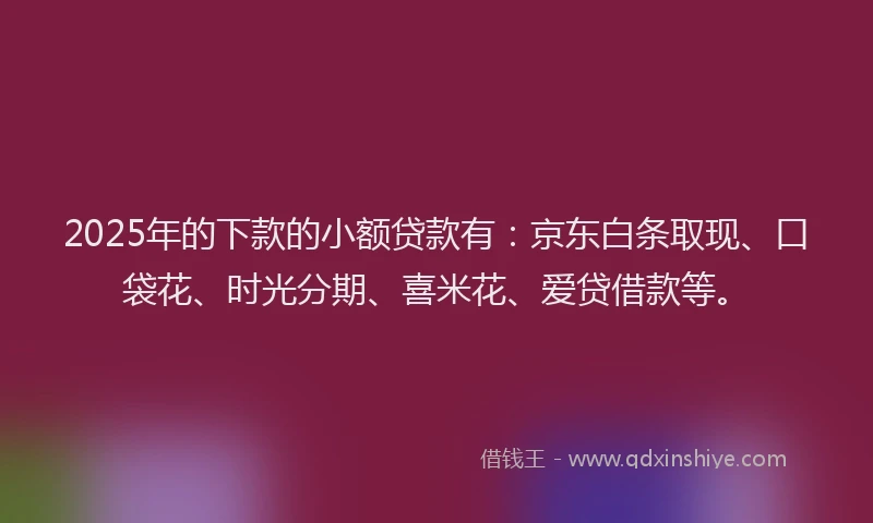 2025年的下款的小额贷款有：京东白条取现、口袋花、时光分期、喜米花、爱贷借款等。