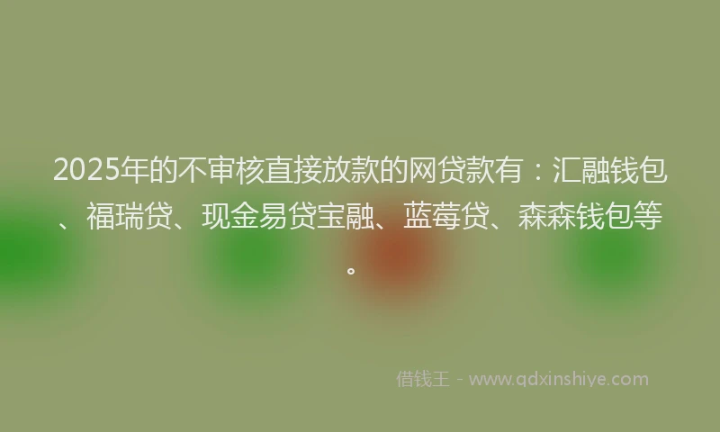 2025年的不审核直接放款的网贷款有：汇融钱包、福瑞贷、现金易贷宝融、蓝莓贷、森森钱包等。