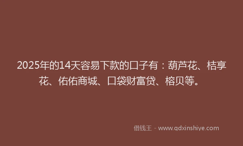 2025年的14天容易下款的口子有：葫芦花、桔享花、佑佑商城、口袋财富贷、榕贝等。
