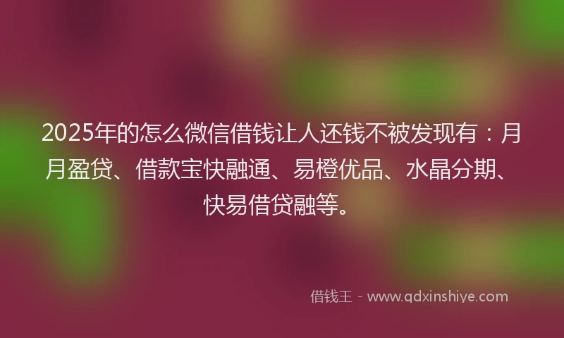 2025年的怎么微信借钱让人还钱不被发现有：月月盈贷、借款宝快融通、易橙优品、水晶分期、快易借贷融等。