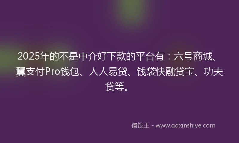 2025年的不是中介好下款的平台有：六号商城、翼支付Pro钱包、人人易贷、钱袋快融贷宝、功夫贷等。
