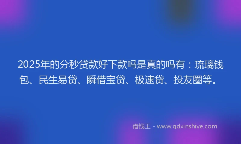 2025年的分秒贷款好下款吗是真的吗有：琉璃钱包、民生易贷、瞬借宝贷、极速贷、投友圈等。