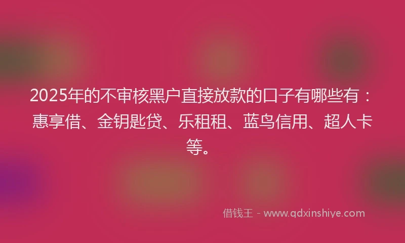 2025年的不审核黑户直接放款的口子有哪些有：惠享借、金钥匙贷、乐租租、蓝鸟信用、超人卡等。