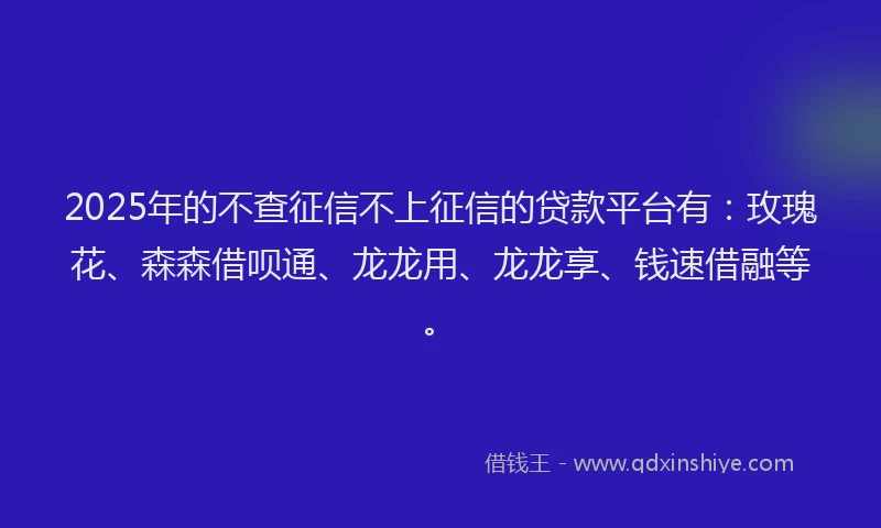 2025年的不查征信不上征信的贷款平台有：玫瑰花、森森借呗通、龙龙用、龙龙享、钱速借融等。