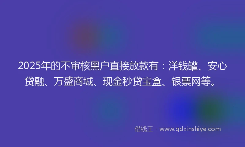 2025年的不审核黑户直接放款有：洋钱罐、安心贷融、万盛商城、现金秒贷宝盒、银票网等。