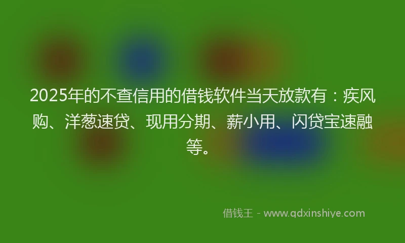 2025年的不查信用的借钱软件当天放款有：疾风购、洋葱速贷、现用分期、薪小用、闪贷宝速融等。