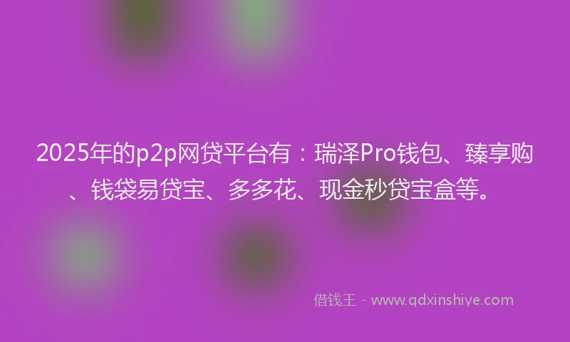 2025年的p2p网贷平台有：瑞泽Pro钱包、臻享购、钱袋易贷宝、多多花、现金秒贷宝盒等。