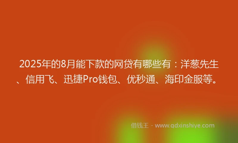 2025年的8月能下款的网贷有哪些有：洋葱先生、信用飞、迅捷Pro钱包、优秒通、海印金服等。