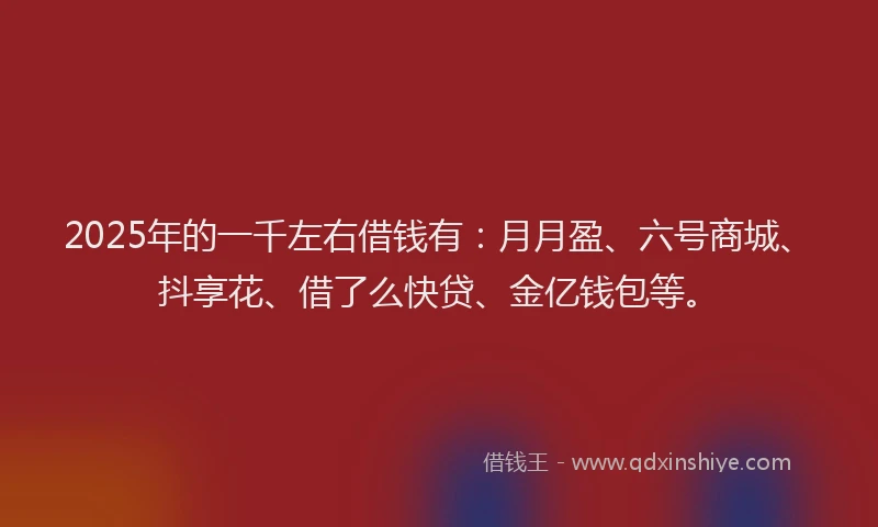 2025年的一千左右借钱有：月月盈、六号商城、抖享花、借了么快贷、金亿钱包等。