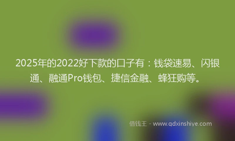 2025年的2022好下款的口子有：钱袋速易、闪银通、融通Pro钱包、捷信金融、蜂狂购等。