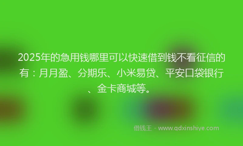 2025年的急用钱哪里可以快速借到钱不看征信的有：月月盈、分期乐、小米易贷、平安口袋银行、金卡商城等。