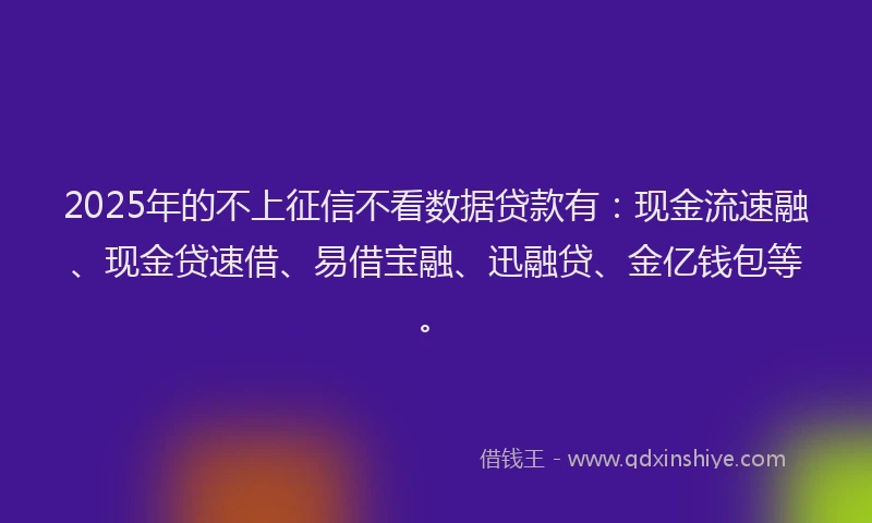 2025年的不上征信不看数据贷款有：现金流速融、现金贷速借、易借宝融、迅融贷、金亿钱包等。