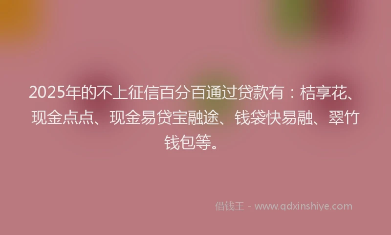 2025年的不上征信百分百通过贷款有：桔享花、现金点点、现金易贷宝融途、钱袋快易融、翠竹钱包等。
