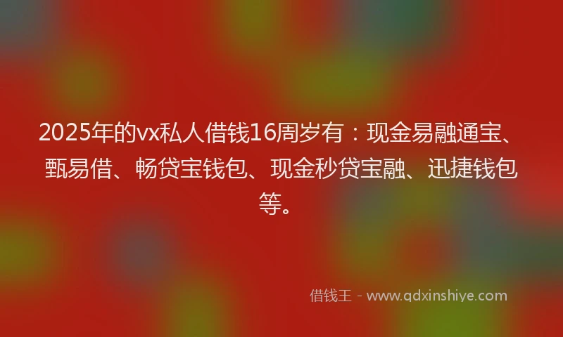2025年的vx私人借钱16周岁有：现金易融通宝、甄易借、畅贷宝钱包、现金秒贷宝融、迅捷钱包等。