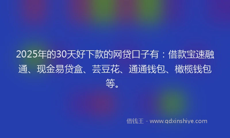 2025年的30天好下款的网贷口子有：借款宝速融通、现金易贷盒、芸豆花、通通钱包、橄榄钱包等。