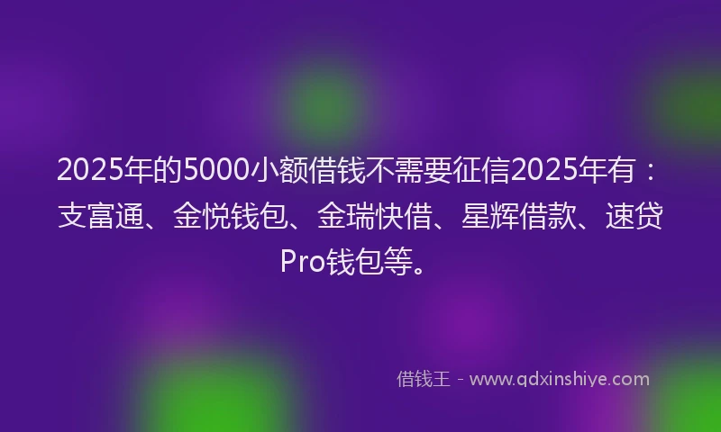 2025年的5000小额借钱不需要征信2025年有：支富通、金悦钱包、金瑞快借、星辉借款、速贷Pro钱包等。