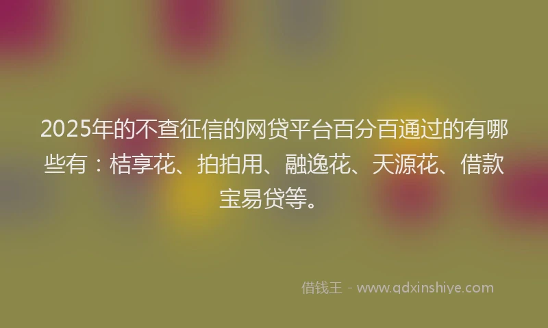 2025年的不查征信的网贷平台百分百通过的有哪些有：桔享花、拍拍用、融逸花、天源花、借款宝易贷等。