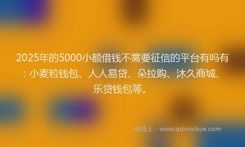 2025年的5000小额借钱不需要征信的平台有吗有：小麦粒钱包、人人易贷、朵拉购、沐久商城、乐贷钱包等。