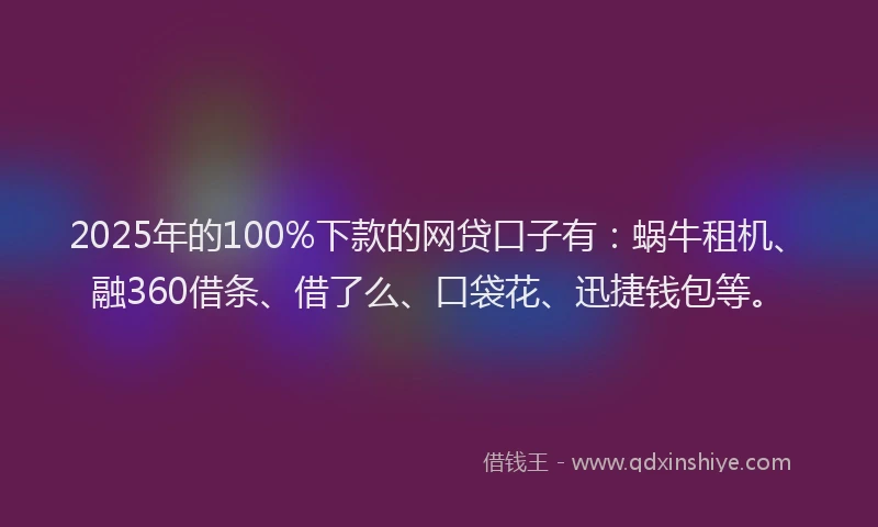 2025年的100%下款的网贷口子有：蜗牛租机、融360借条、借了么、口袋花、迅捷钱包等。
