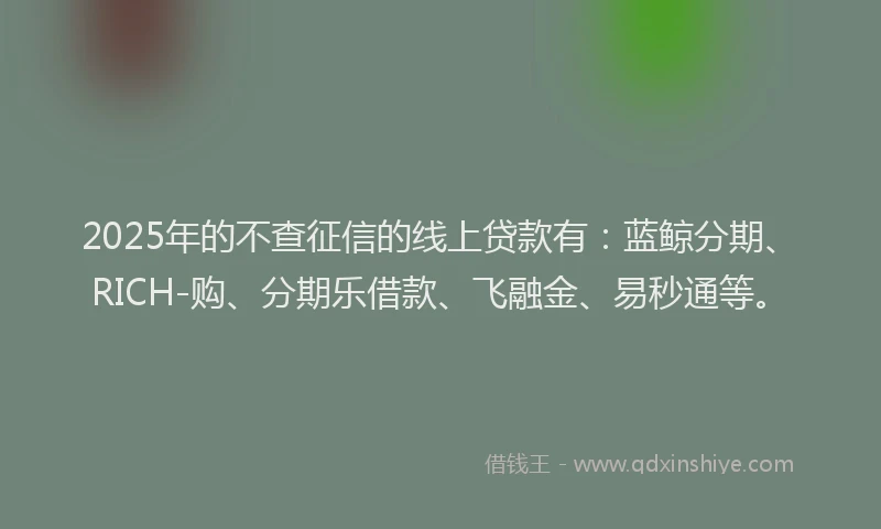 2025年的不查征信的线上贷款有：蓝鲸分期、RICH-购、分期乐借款、飞融金、易秒通等。