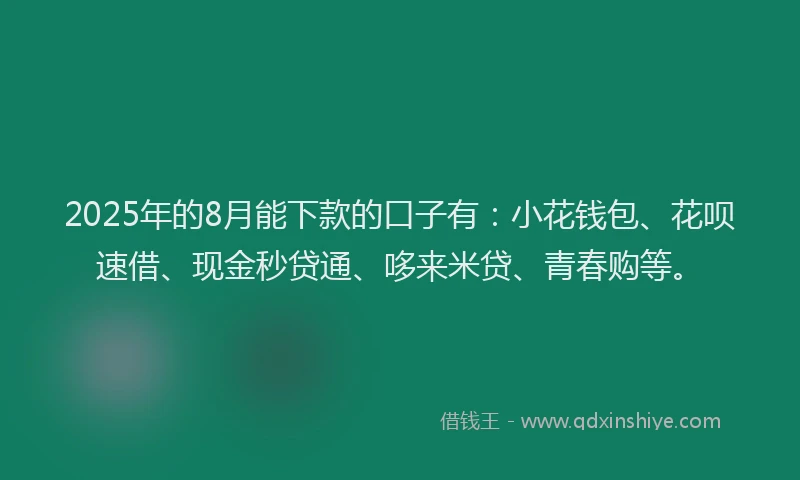 2025年的8月能下款的口子有：小花钱包、花呗速借、现金秒贷通、哆来米贷、青春购等。