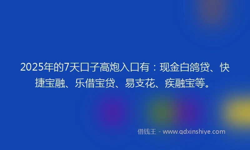 2025年的7天口子高炮入口有：现金白鸽贷、快捷宝融、乐借宝贷、易支花、疾融宝等。