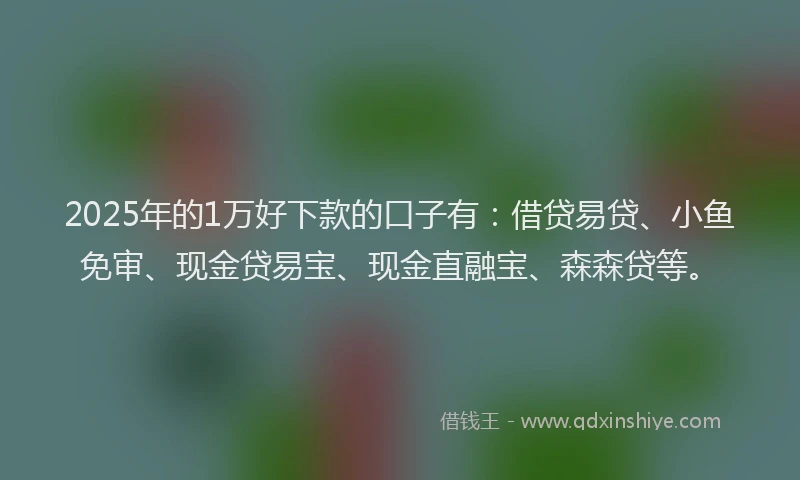 2025年的1万好下款的口子有：借贷易贷、小鱼免审、现金贷易宝、现金直融宝、森森贷等。