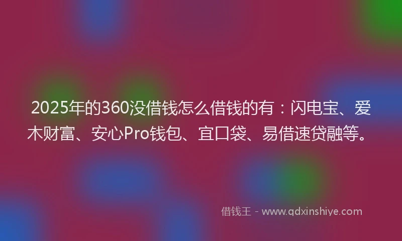 2025年的360没借钱怎么借钱的有：闪电宝、爱木财富、安心Pro钱包、宜口袋、易借速贷融等。