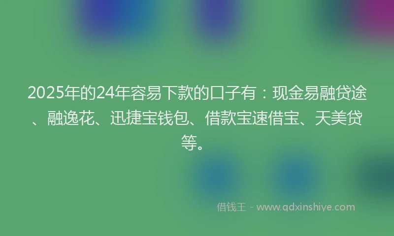 2025年的24年容易下款的口子有：现金易融贷途、融逸花、迅捷宝钱包、借款宝速借宝、天美贷等。