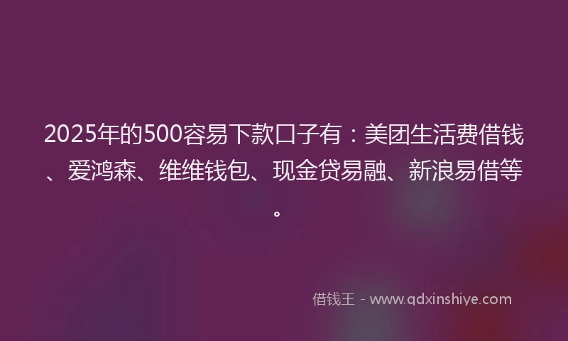 2025年的500容易下款口子有：美团生活费借钱、爱鸿森、维维钱包、现金贷易融、新浪易借等。