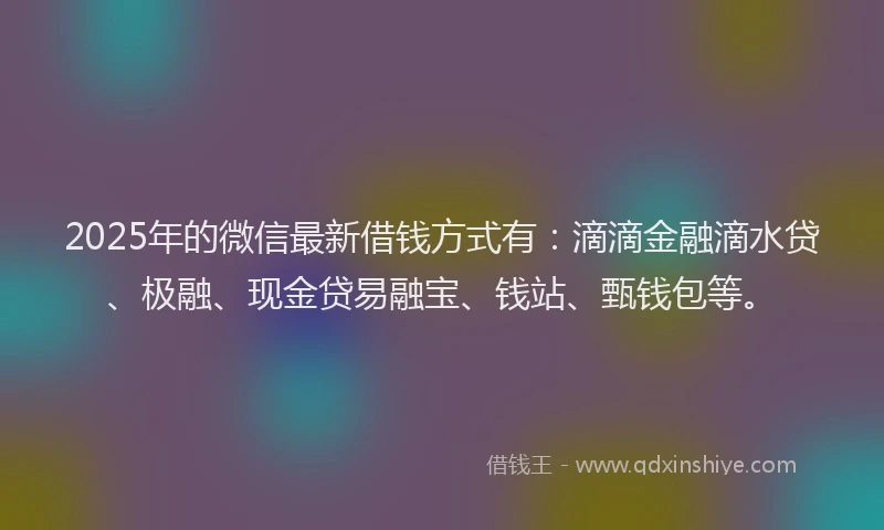 2025年的微信最新借钱方式有：滴滴金融滴水贷、极融、现金贷易融宝、钱站、甄钱包等。