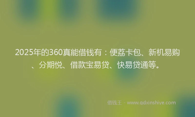 2025年的360真能借钱有：便荔卡包、新机易购、分期悦、借款宝易贷、快易贷通等。