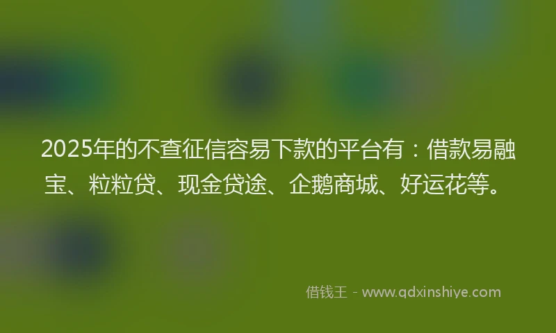 2025年的不查征信容易下款的平台有：借款易融宝、粒粒贷、现金贷途、企鹅商城、好运花等。
