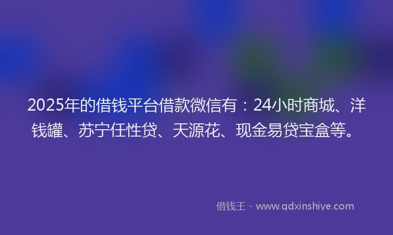 2025年的借钱平台借款微信有：24小时商城、洋钱罐、苏宁任性贷、天源花、现金易贷宝盒等。