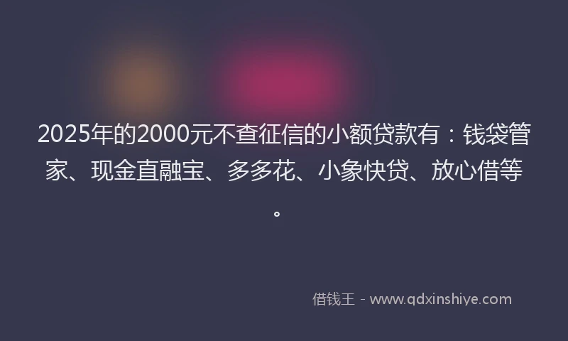 2025年的2000元不查征信的小额贷款有：钱袋管家、现金直融宝、多多花、小象快贷、放心借等。