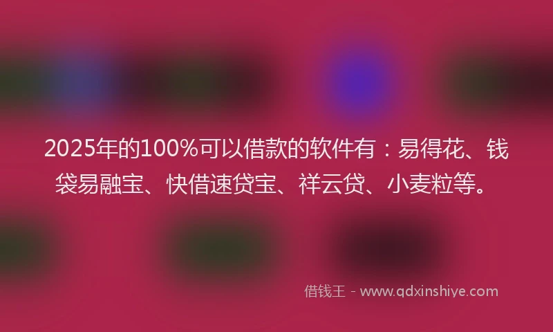 2025年的100%可以借款的软件有：易得花、钱袋易融宝、快借速贷宝、祥云贷、小麦粒等。