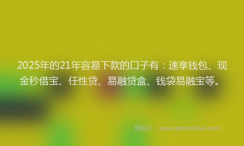 2025年的21年容易下款的口子有：速享钱包、现金秒借宝、任性贷、易融贷盒、钱袋易融宝等。