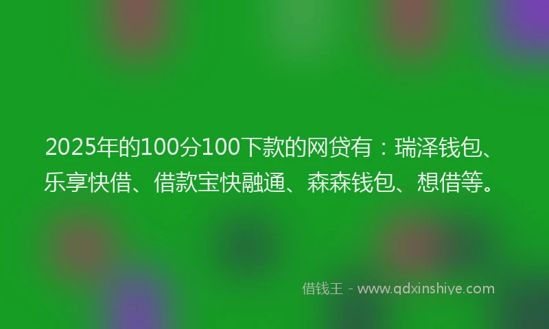 2025年的100分100下款的网贷有：瑞泽钱包、乐享快借、借款宝快融通、森森钱包、想借等。