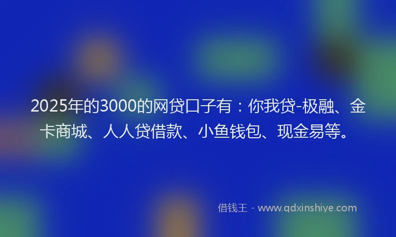 2025年的3000的网贷口子有：你我贷-极融、金卡商城、人人贷借款、小鱼钱包、现金易等。
