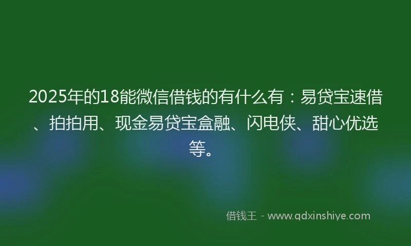 2025年的18能微信借钱的有什么有：易贷宝速借、拍拍用、现金易贷宝盒融、闪电侠、甜心优选等。