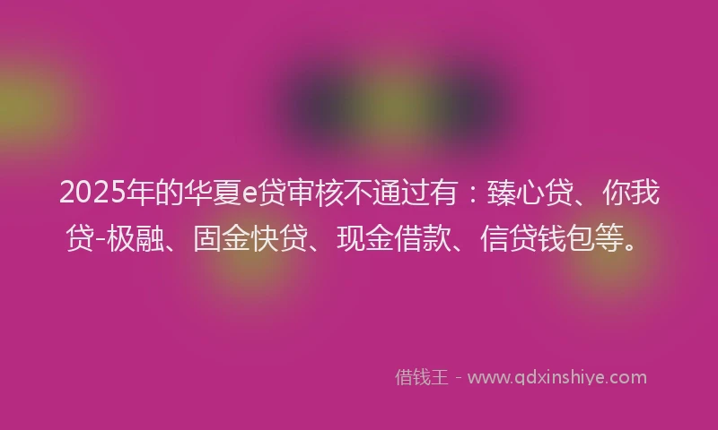 2025年的华夏e贷审核不通过有：臻心贷、你我贷-极融、固金快贷、现金借款、信贷钱包等。