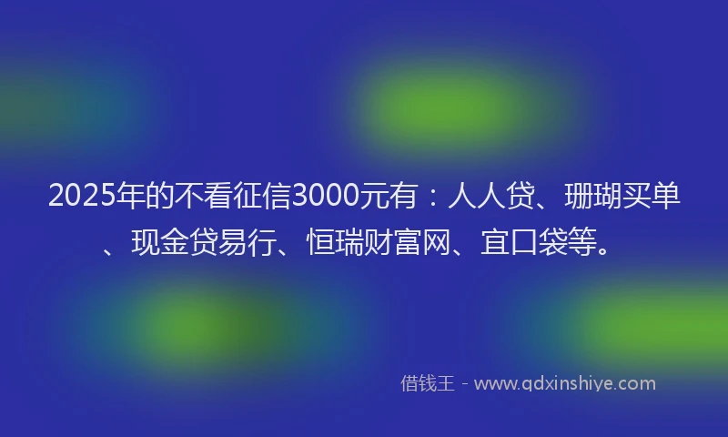 2025年的不看征信3000元有：人人贷、珊瑚买单、现金贷易行、恒瑞财富网、宜口袋等。