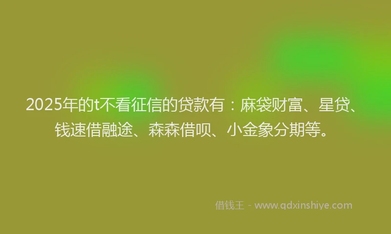 2025年的t不看征信的贷款有：麻袋财富、星贷、钱速借融途、森森借呗、小金象分期等。
