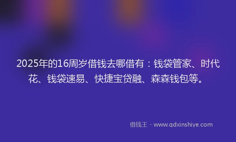 2025年的16周岁借钱去哪借有：钱袋管家、时代花、钱袋速易、快捷宝贷融、森森钱包等。