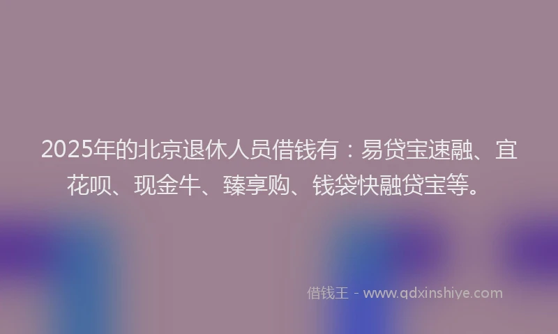 2025年的北京退休人员借钱有：易贷宝速融、宜花呗、现金牛、臻享购、钱袋快融贷宝等。