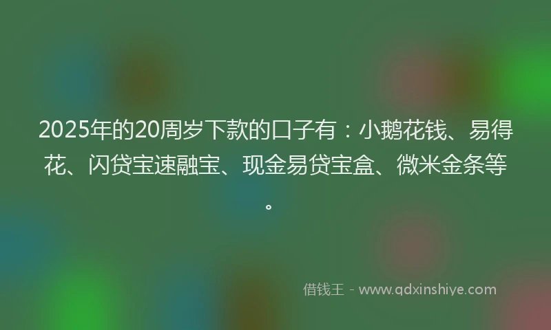 2025年的20周岁下款的口子有：小鹅花钱、易得花、闪贷宝速融宝、现金易贷宝盒、微米金条等。