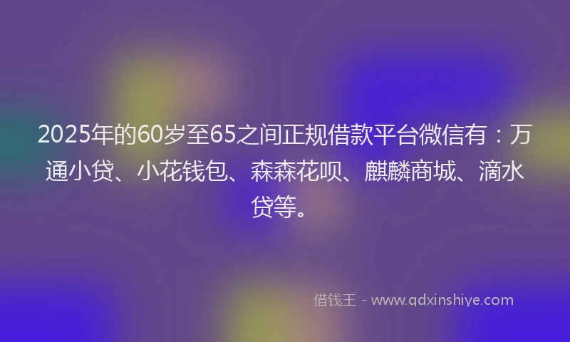 2025年的60岁至65之间正规借款平台微信有：万通小贷、小花钱包、森森花呗、麒麟商城、滴水贷等。